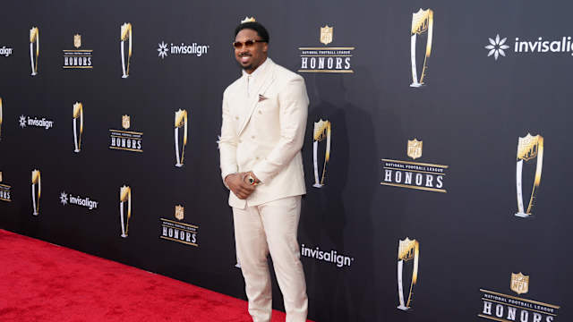 Feb 8, 2024; Las Vegas, NV, USA; Cleveland Browns defensive end Myles Garrett on the red carpet before the NFL Honors show at Resorts World Theatre. Mandatory Credit: Kirby Lee-USA TODAY Sports